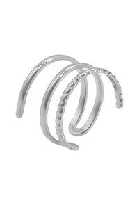 Anello d'argento caratterizzato da tre bande intrecciate con diverse texture: una liscia, una attorcigliata e una con perline.