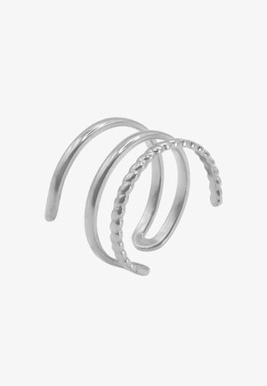 Silberring mit drei ineinandergreifenden Bändern in unterschiedlichen Texturen: eines glatt, eines gedreht und eines mit Perlen.