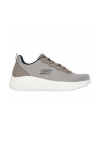 Light grey athletic shoe with mesh upper, white sole, textured detailing, and navy accents. Features lace-up design and rear pull tab.