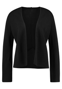 Black open-front cardigan made of soft fabric, featuring long sleeves and a relaxed fit, with no fasteners and a smooth texture.