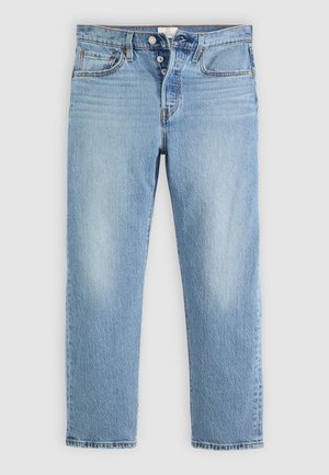 Light blue denim jeans with a high-rise waist, five-button fly, and straight legs. Features subtle fading and classic stitching details.