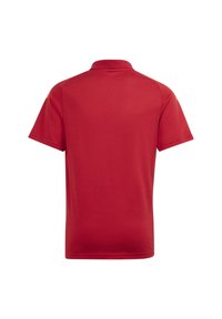 Rode korte mouwen polo met een klassieke kraag. Gemaakt van textuurstof, met een oranje accent op de schouder. Achteraanzicht alleen.