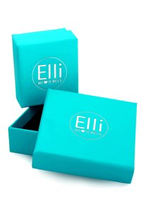 Turkos smyckeskrin med matt yta, med en logotyp med rundade kanter och präglad text. Locket är något upphöjt.