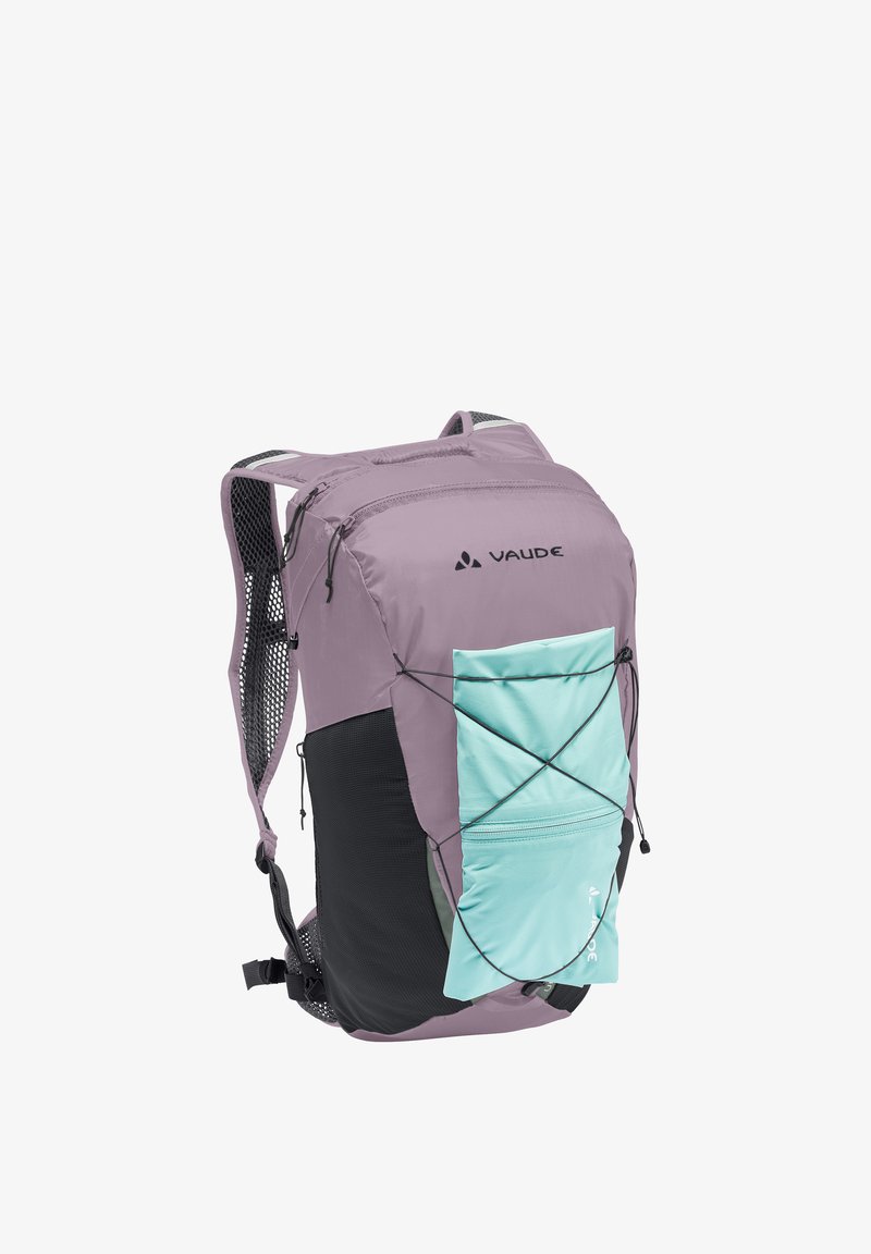 Sac à dos Vaude compact violet et turquoise avec poches latérales en mesh noir, compartiments zippés et bretelles réglables.