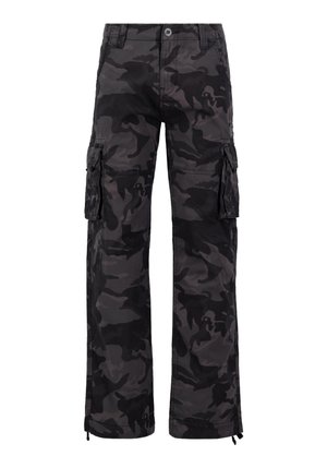 Cargobukser i sort camouflage mønster, lavet af slidstærkt stof. Har flere sidelommer, en lige pasform og justerbare manchetter.