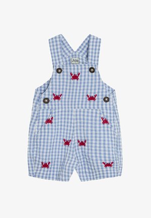 Blauer Gingham-Overall mit roter Krabbenstickerei, verstellbaren Trägern, runden silbernen Knöpfen und seitlichen Taschen. Aus Baumwollmaterial.