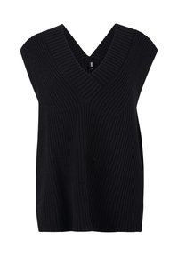 Gilet noir en maille avec un col en V profond, sans manches, texture côtelée et coupe ample. Design simple sans motifs ou accents supplémentaires.