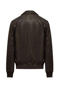 Giubbotto bomber in pelle marrone con colletto, polsini ed orlo elasticizzati. Texture liscia con dettagli cuciti sulle spalle e sui lati.