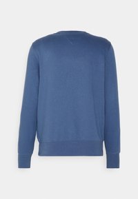 Felpa in cotone blu, maniche lunghe, colletto a girocollo e polsini a coste. Texture liscia con una leggera sfumatura dal blu scuro al blu chiaro.