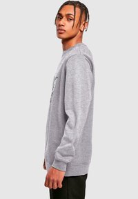 Grå hettegenser med rund hals og lange ermer, laget av myk tekstur. Viser et grafisk design på forsiden.