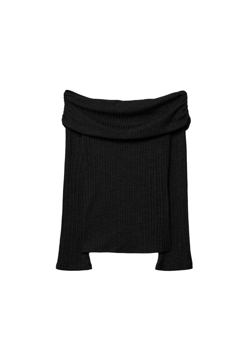 Černý žebrovaný dlouhý rukáv off-the-shoulder top s širokým skládacím límcem.