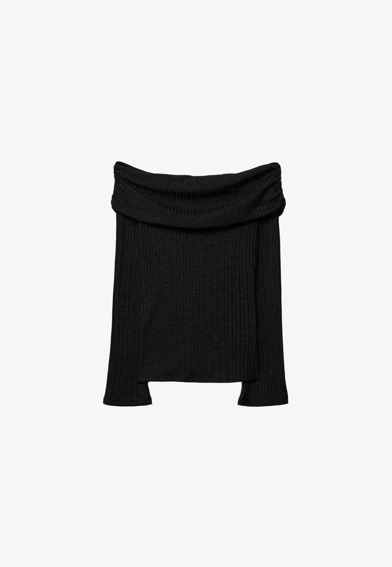 Černý žebrovaný dlouhý rukáv off-the-shoulder top s širokým skládacím límcem.