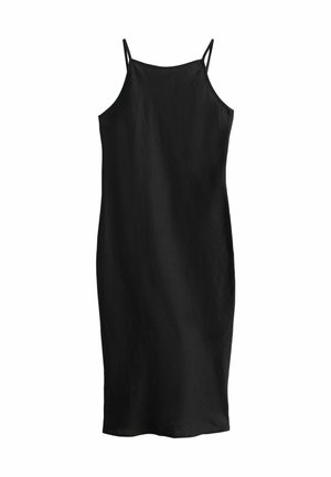 Schwarzes Trägerkleid mit dünnen Trägern, hergestellt aus einem glatten, leichten Stoff. Es hat einen geraden Schnitt und endet knapp über den Knien.