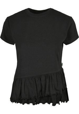 Zwart kortärmlig shirt met ronde hals en asymmetrische gelaagde volantzoom aan de onderkant.