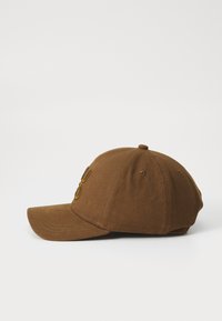 Brown cotton baseball cap with a curved brim, featuring prominent embroidered details on the front and a structured crown.
