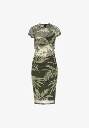 Robe verte à manches courtes, en matière extensible arborant un motif de feuilles. Design ajusté avec des détails froncés sur l'ensemble.