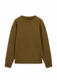 Pull en laine marron à col rond et manches longues avec poignets, ourlet et encolure côtelés, présenté à plat sur un fond blanc.