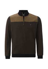 Brown zip-up pullover with a high collar, textured body, and solid color panel at the top. Black accents at the collar and cuffs.