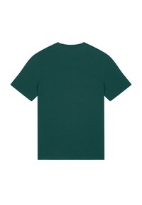 Olijfgroen t-shirt met korte mouwen en een ronde hals. Gemaakt van zachte, gladde stof. Eenvoudig ontwerp zonder zichtbare patronen of logo's.