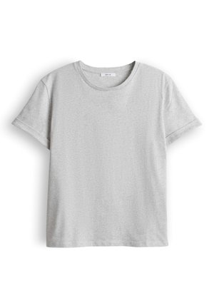 Lichtgrijs katoenen T-shirt met korte mouwen, ronde hals en subtiele textuur, plat gelegd op een witte achtergrond.