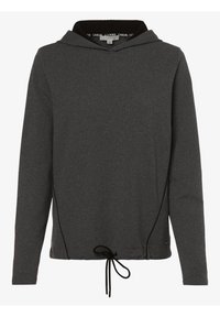 Mörkgrå huvtröja i mjukt tyg. Utrustad med dragsko vid nederkanten och svart kontrasterande foder i huvan. Långa ärmar.