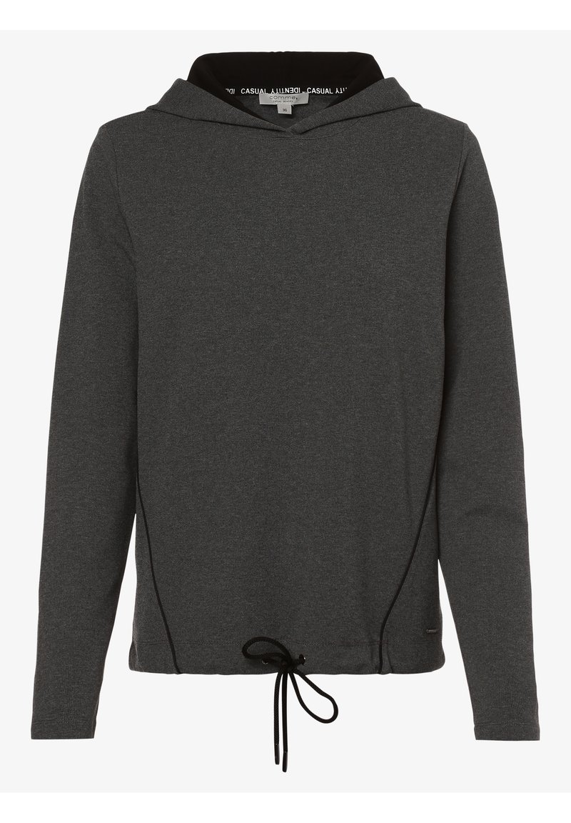Mörkgrå huvtröja i mjukt tyg. Utrustad med dragsko vid nederkanten och svart kontrasterande foder i huvan. Långa ärmar.