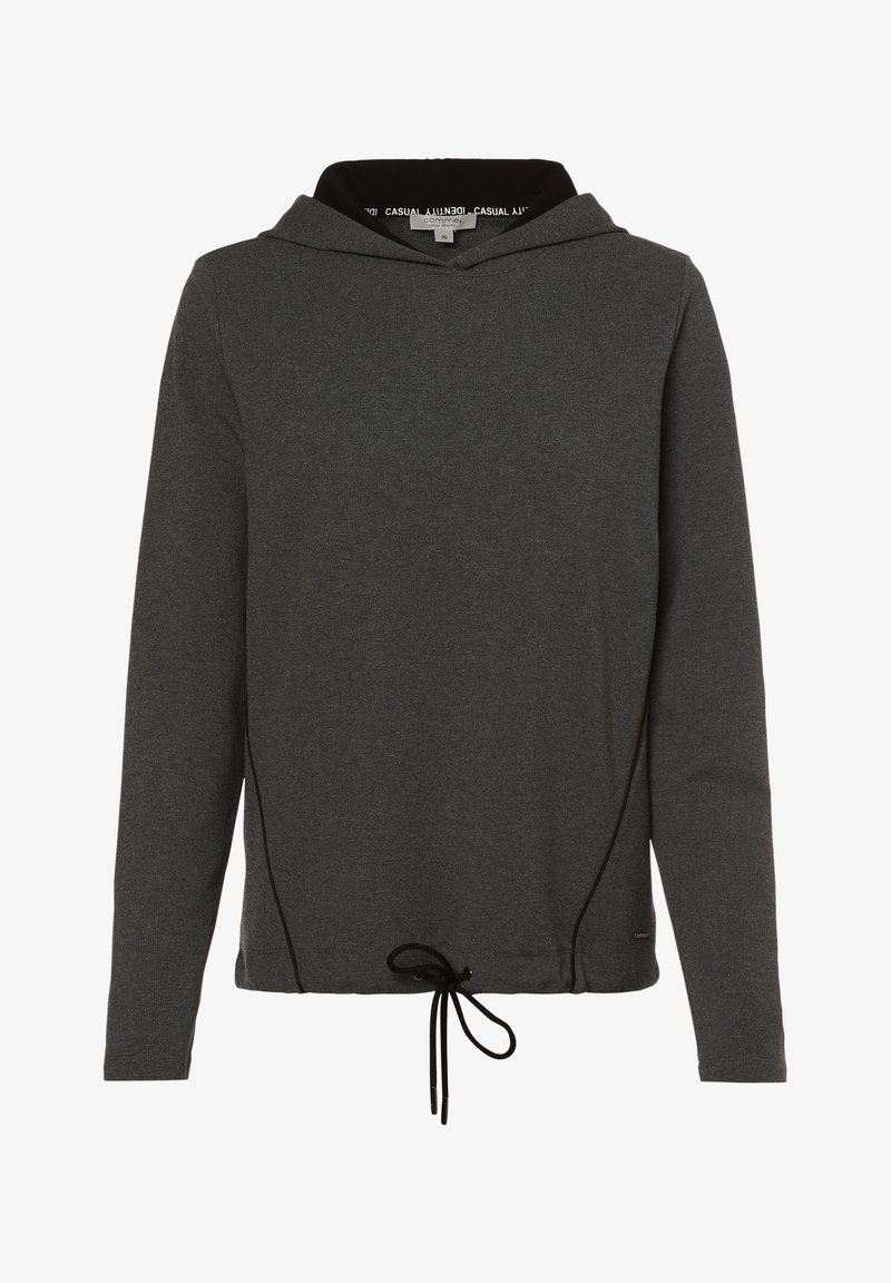 Mörkgrå huvtröja i mjukt tyg. Utrustad med dragsko vid nederkanten och svart kontrasterande foder i huvan. Långa ärmar.