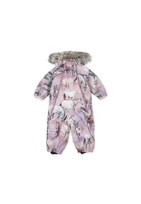 Gevuld roze sneeuwpak met een bontomzoomde capuchon, voorzien van een paardenprint, elastische manchetten en een ritssluiting aan de voorkant. De textuur is glad en waterafstotend.