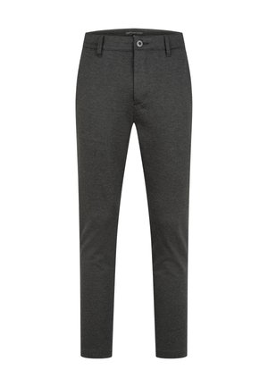 Dunkelgraue Slim-Fit-Hosen mit Gürtelschlaufen, Knopfverschluss vorne und Reißverschluss, auf einem weißen Hintergrund präsentiert.