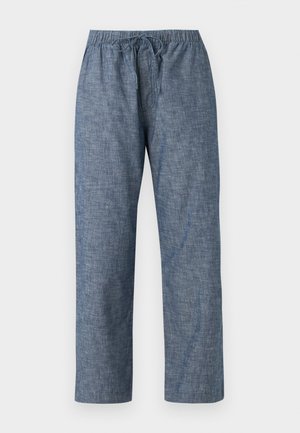 Pantalon décontracté pour homme, coupe droite, en tissu chambray bleu, avec une ceinture élastique et un cordon de serrage à l'avant.
