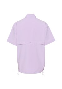 Short-sleeve lavender shirt with a buttoned back flap, drawstrings at the hem, and a smooth, slightly textured fabric.