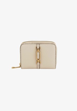 Beige leather wallet featuring a textured finish, gold hardware accents, and a central decorative detail with a zipper closure on top.