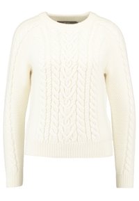 Cremefarbener Kabelstrickpullover mit langen Ärmeln und gerippten Bündchen, Saum und Ausschnitt.