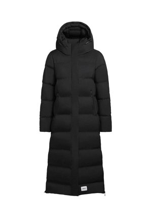 Abrigo largo negro tipo plumas con capucha, que presenta un cierre con cremallera frontal, bolsillos laterales y un patrón acolchado en toda su superficie. Fabricado con tejido aislante.