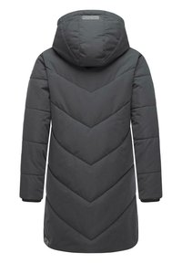 Cappotto imbottito grigio scuro con cappuccio, dotato di un motivo a losanghe, maniche lunghe e polsini a coste. Include un accento con logo vicino all'orlo.