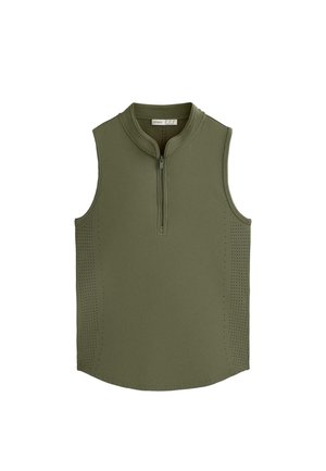 Mouwloos atletisch topje in olijfgroen met een halve ritssluiting aan de voorkant en kleine perforaties langs de zijkanten voor ventilatie.