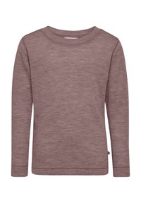 Langærmet, rundhalset, mauve strikket sweater med fint tekstureret stof og simpel kantstikning på ærmer og bund.
