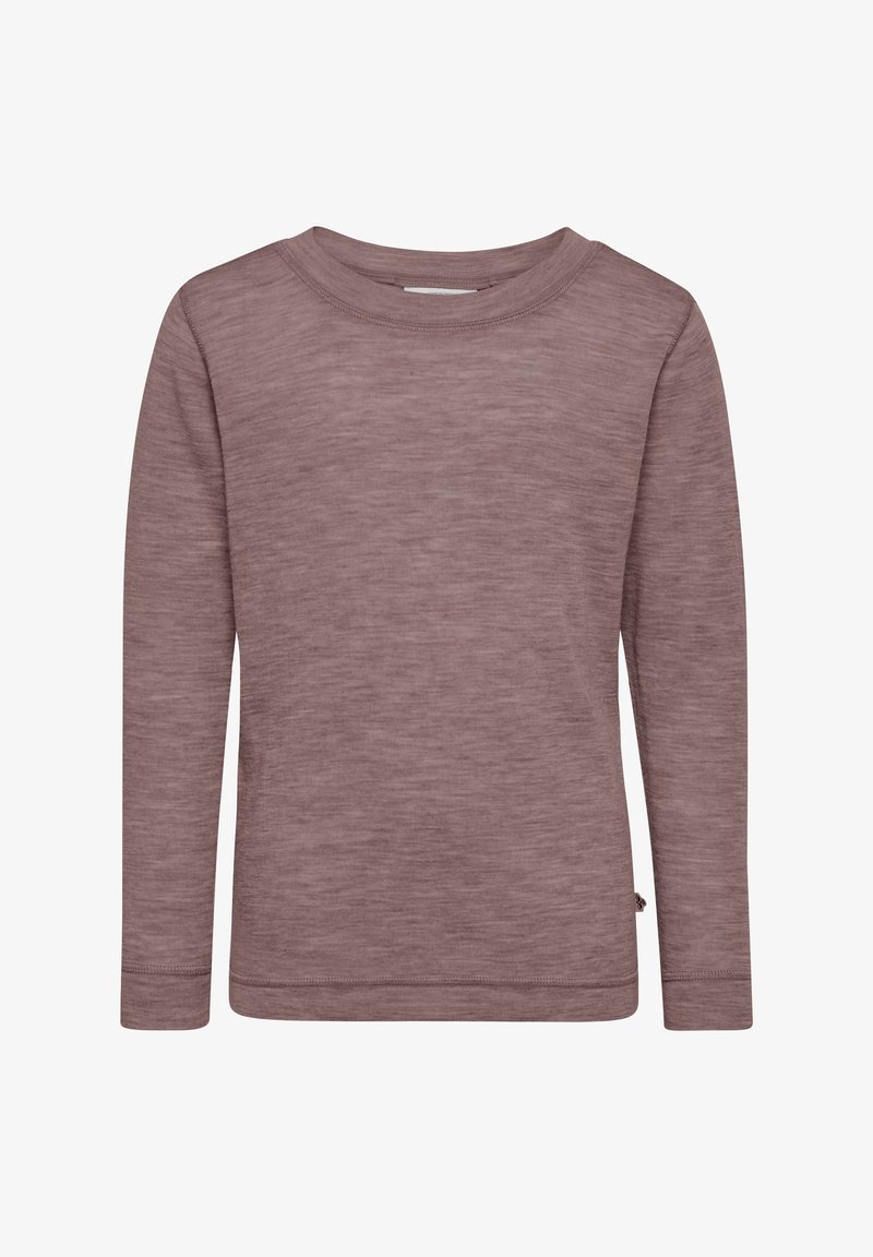 Długi rękaw, okrągły dekolt, sweter w kolorze mauve, wykonany z dzianiny o drobnej fakturze z prostym ściegiem na rękawach i na dole.