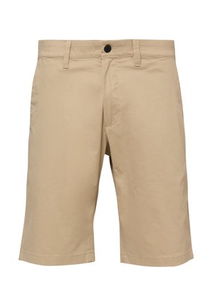 Beige Herren-Shorts in knielanger Länge mit Gürtelschlaufen, einem vorderen Knopf und Reißverschluss aus glattem Stoff.