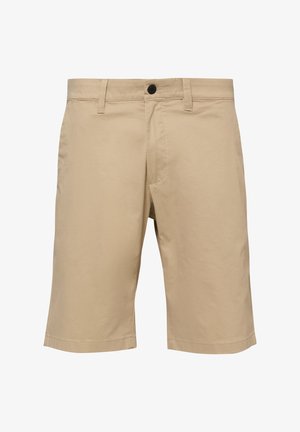 Pantaloncini beige da uomo fino al ginocchio con passanti per cintura, bottone frontale e cerniera, realizzati in tessuto liscio.