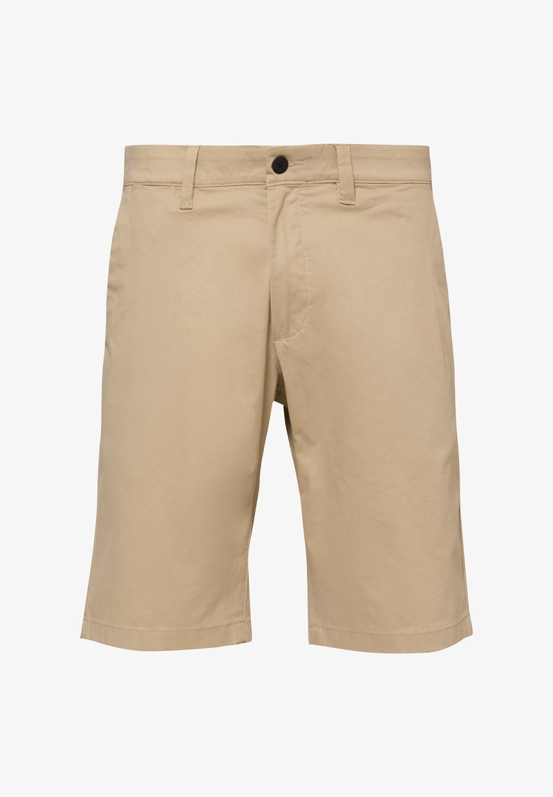 Shorts pour hommes beige arrivant aux genoux, avec passants pour ceinture, un bouton à l'avant et une braguette zippée, réalisés en tissu lisse.