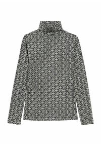 Długi rękaw, golf w ciemnoszarym kolorze z misternym beżowym wzorem. Wykonany z miękkiego materiału, o dopasowanym kroju.