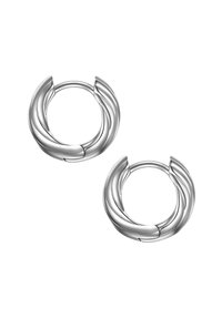 Pendientes de aro de plata con un diseño retorcido, textura lisa y acabado pulido. Forma circular con un borde abierto.