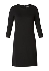 Zwarte jurk met een ronde halslijn, driekwart mouwen en een ritssluiting aan de achterkant. Gladde textuur, knie-lengte ontwerp en geen zichtbare patronen.