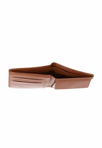 Portefeuille pliable en cuir marron ouvert, montrant plusieurs emplacements pour cartes et un compartiment principal pour les espèces à l'intérieur.