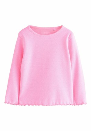 Top rosa acanalado con mangas largas y escote redondo. El dobladillo presenta un patrón ondulado. Hecho de tela suave y texturizada. Marca: NEXT.