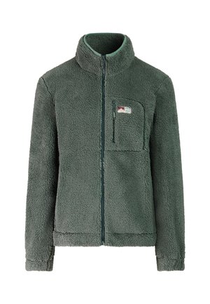 Donkergroene fleecejas met volledige ritssluiting, hoge kraag, borstzak met ritssluiting en gestructureerde zachte stof.