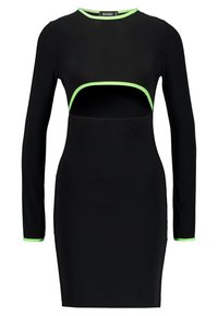 Robe noire à manches longues avec une découpe au niveau du ventre, dotée d'une bordure vert fluo autour du col et des manches, fabriquée dans un tissu lisse.