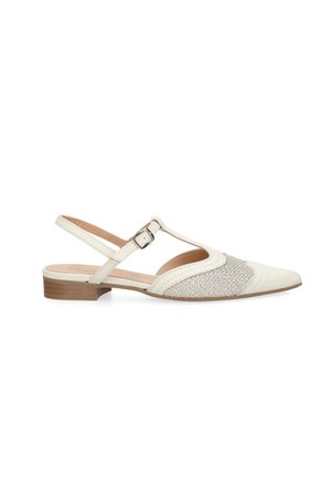 Women's white leather pointed-toe slingback shoe with low wooden heel and textured fabric panel on the front.