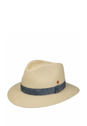 Light beige woven fedora hat with medium brim and dark gray fabric band featuring a small round brown emblem.